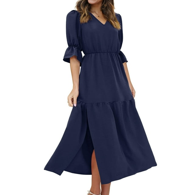 LOVZFMLL Robe Mode pour Femme à Manches Mi-Longues, Col en V, Ample, Unie, Longueur Cheville, Longue Fendue, Bleu Marine, TG
