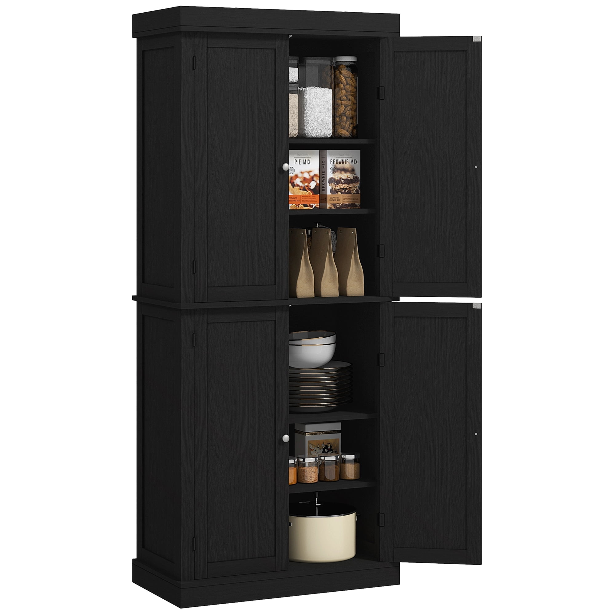 HOMCOM 72" Traditional Freestanding Kitchen Pantry Cupboard with 2 Cabinet, and Adjustable Shelves, Black Wood Grain