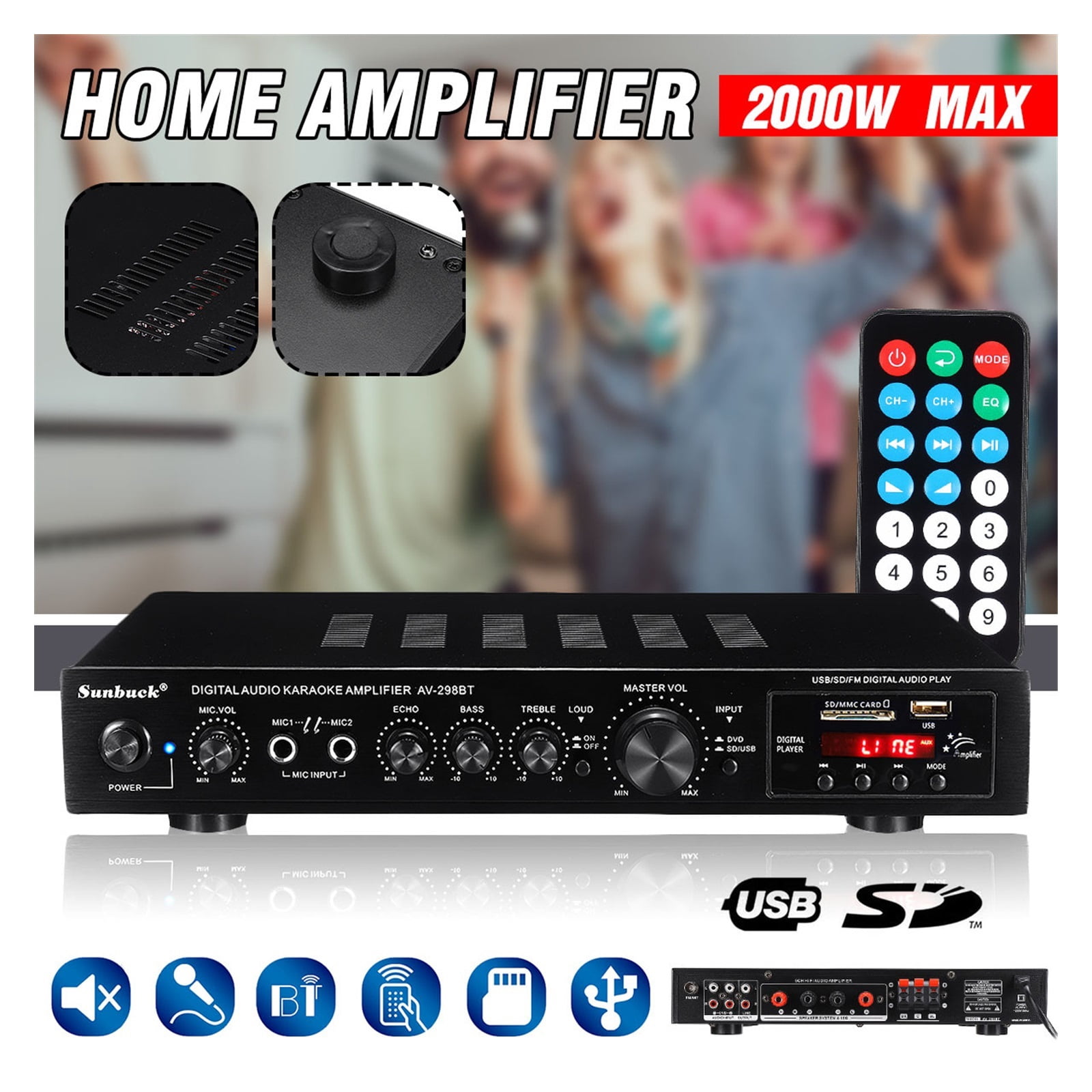 Digital Amplifier 2000W Stereo LED USB AV Power Surround High Resolution Amplificador Player Subwoofer