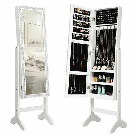 Gymax White Mirrored Jewelry Cabinet, White Jewelry Mirror Armoire
