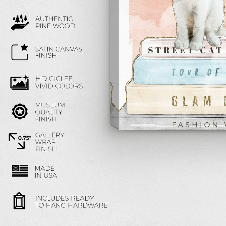 Wynwood Studio Fashion and Glam Wall Art Print 'Glam Cat Books' Books - Pink,  Blue 