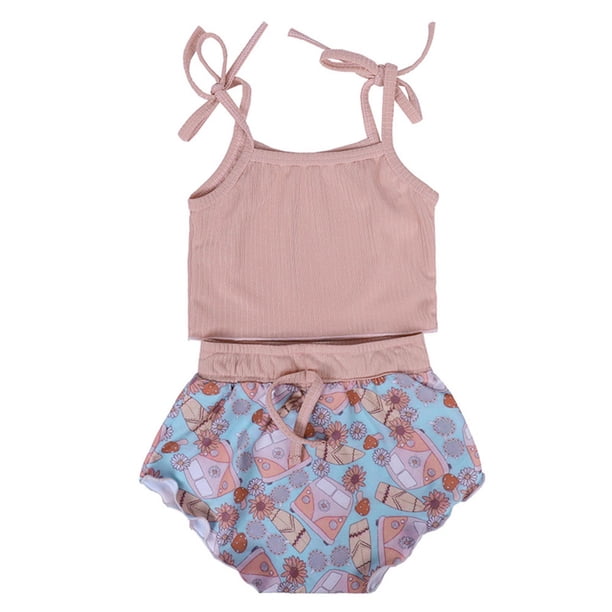 Gibobby Conjunto de ropa de bebé Conjunto de pantalones cortos estampados de dibujos animados sin mangas de color sólido para Niñas pequeña de 0 a 6 años(Rosa, 6Meses)