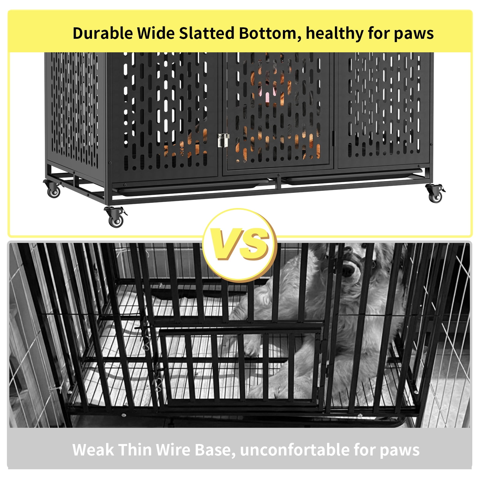 52 Inch Heavy Duty Dog Crate Extra Large Dog Cage, Indestructible XXL Dog Crate Kennel with Open Roof Top, Trays and Wheels, Escape-Proof for High Anxiety Giant Dogs