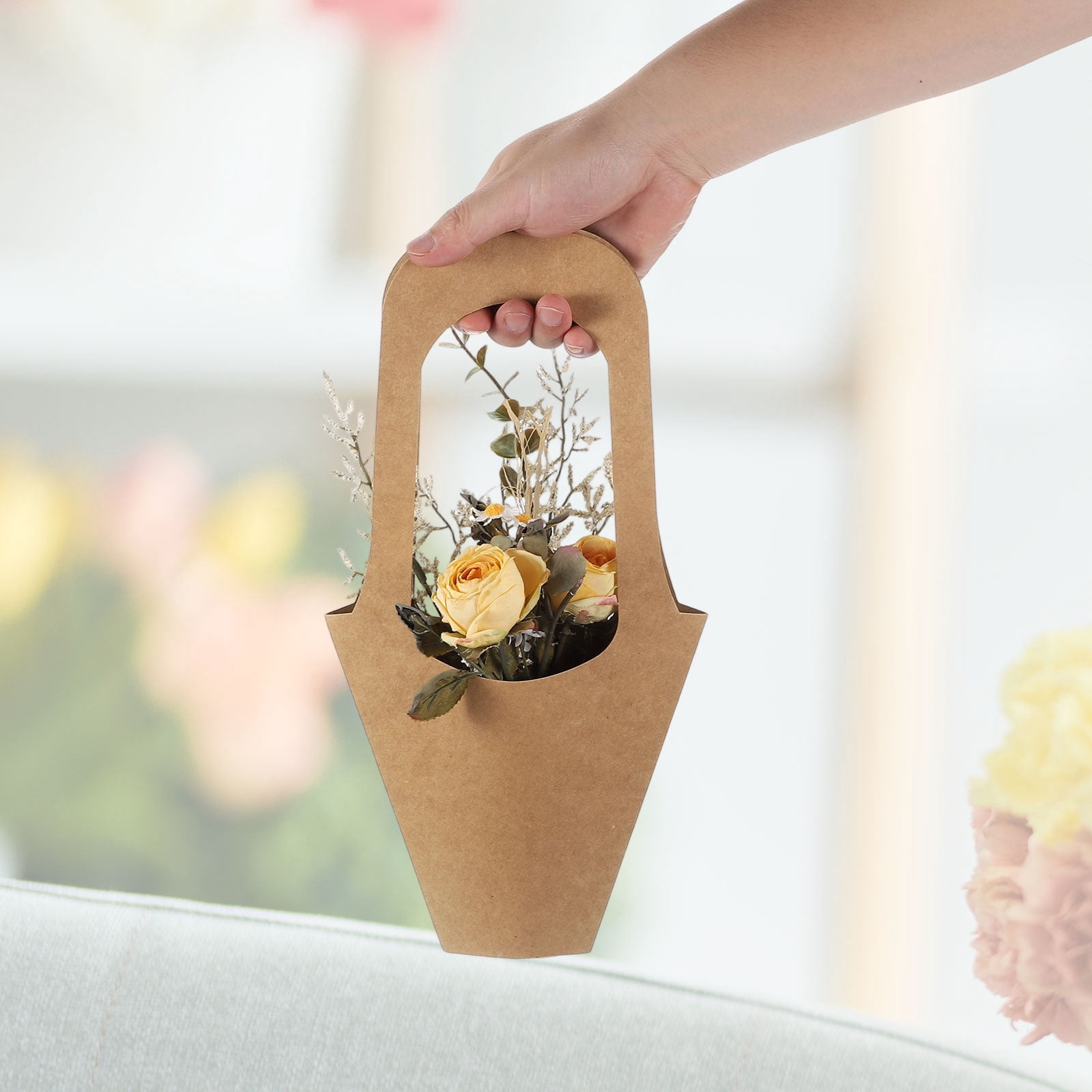 Uxcell Flower Wrapping Bag with Handle, Kraft Paper 25 Pack, Brown, 13.8x7.5x3"