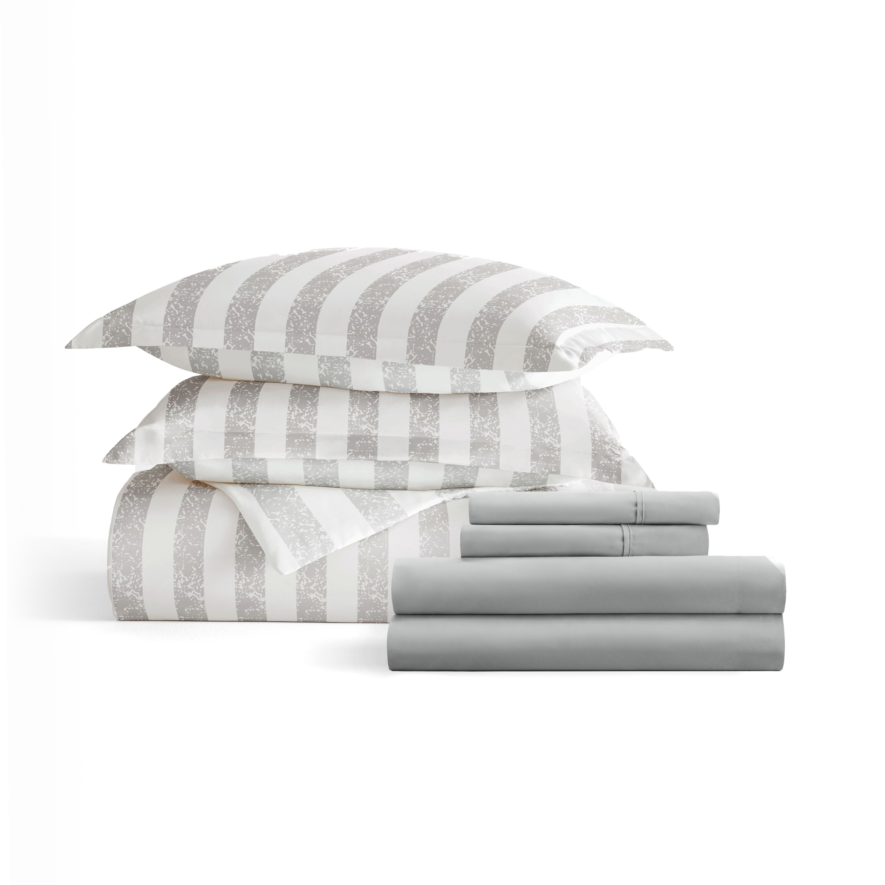 Noble Linens 7 Piece Patterned Duvet Bedding Bundle, Puffed Rugged Stripes Light Gray, Twin XL