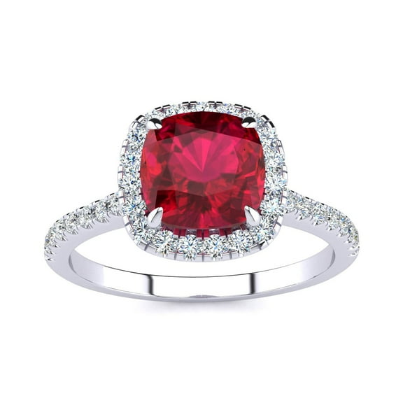 SuperJeweler 2 Carat Cushion Cut Created Ruby and Halo Diamond Ring In Sterling Silver For Women