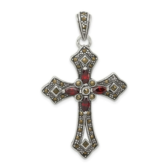 Auriga Fine Jewelry 925 Sterling Silver Antiqued Red Marquise CZ Marcasite Cross Pendant for Women (L - 2.09 inch, W - 31 inch)