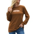 thumbnail image 1 of Camiseta Sexy para mujer recortada manga larga linterna cuello redondo Camiseta de color sólido Otoñ Abanopi Camello/Grande, 1 of 7