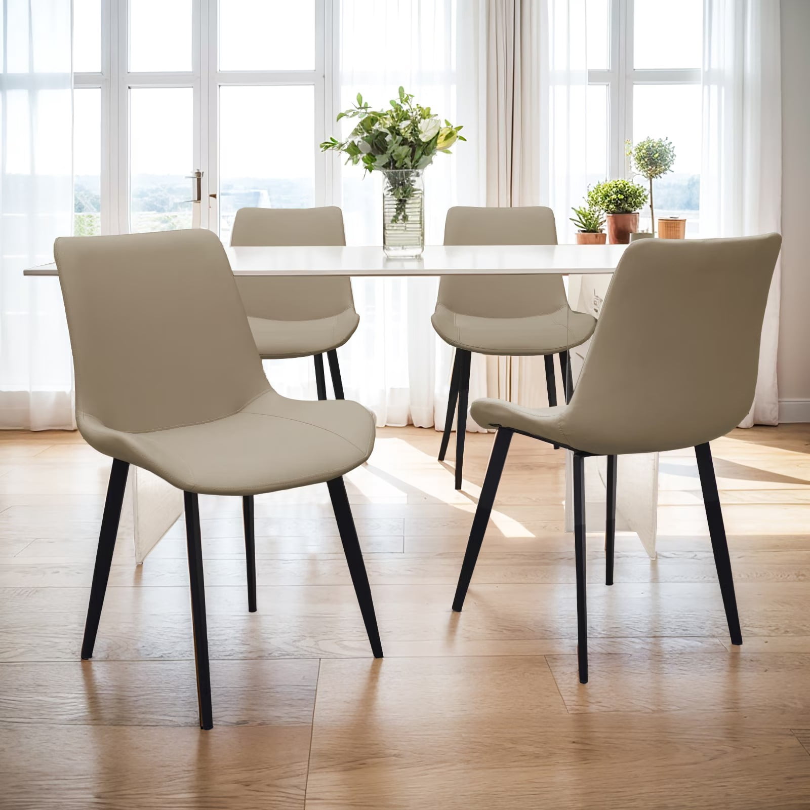 Tan PU Leather Dining Chairs Set of 2, Modern Upholstered Kitchen Chairs with Metal Legs, Armless Side Chairs for Dining Room, Restaurant, Living Room & Meeting Room