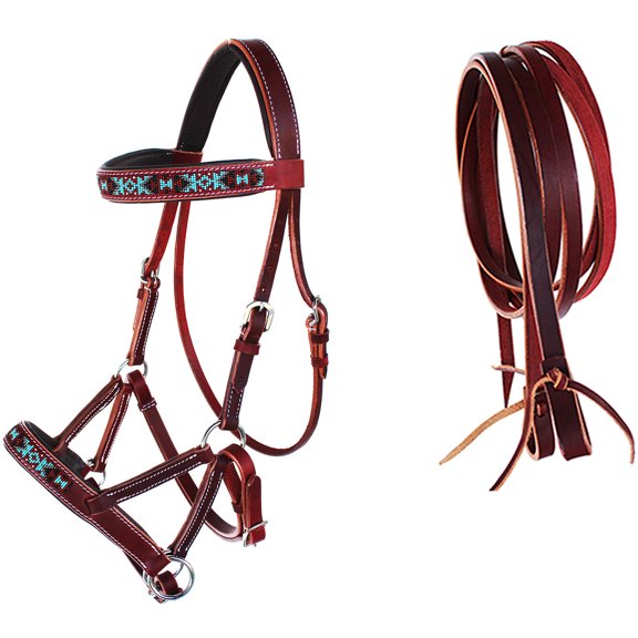 English Western Horse Leather Bitless Bridle Sidepull Halter Reins 77RS12MG-F