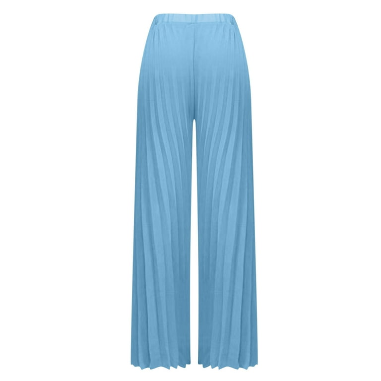 Womens Chiffon Palazzo Pants Casual Loose Pleated Straight Trousers Pants  Elastic Waist Wide Leg Pants with Pockets