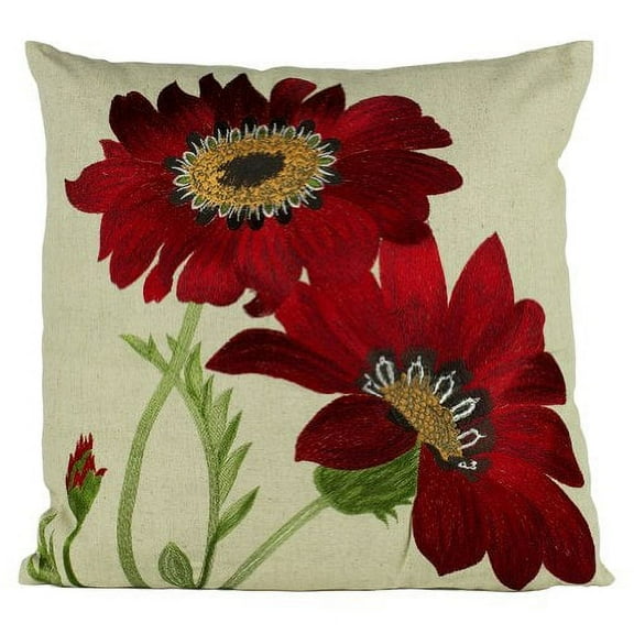 Le Tournesol Embroidered Sunflower Decorative Throw Pillow, Filler Included, 18-Inch Square (Red)