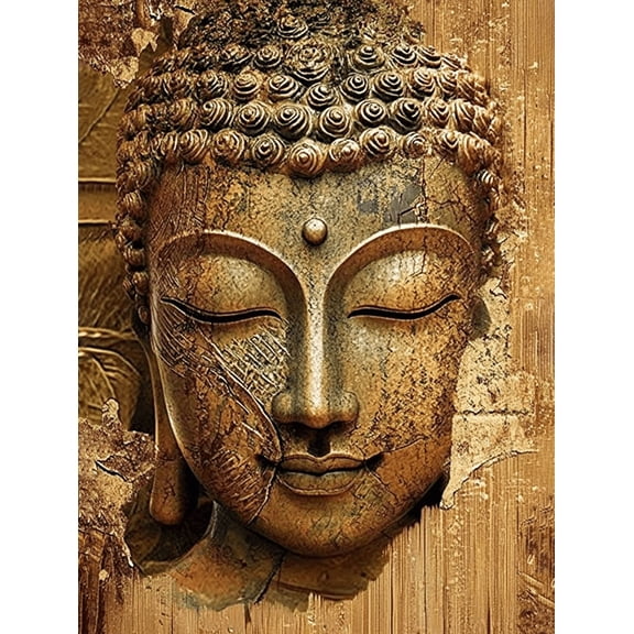 Golden Buddha Head Decorative Painting/Canvas Art， Suitable for Living Room， Bedroom， Meditation Room，Spiritual Retreat， Hotel Lobby，Spa and Peaceful Home Decor.