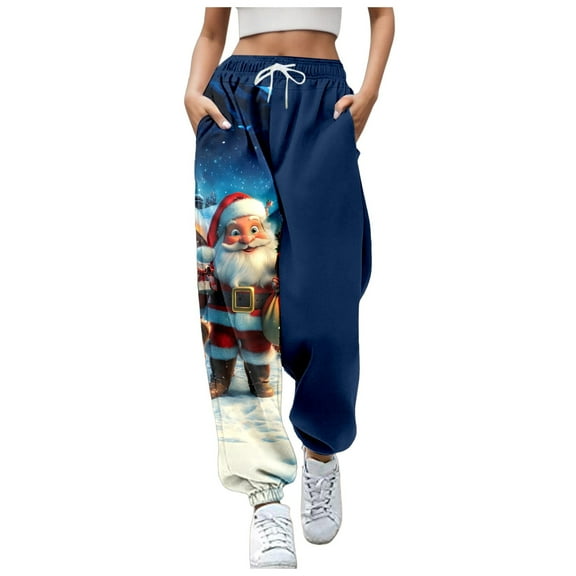 CONZONE Christmas Womens Baggy Sweatpants Xmas Graphic Print Pants for Women Trendy Elastic Waist Drawstring Wide Leg Fall Winter Athletic Trousers With Pocket