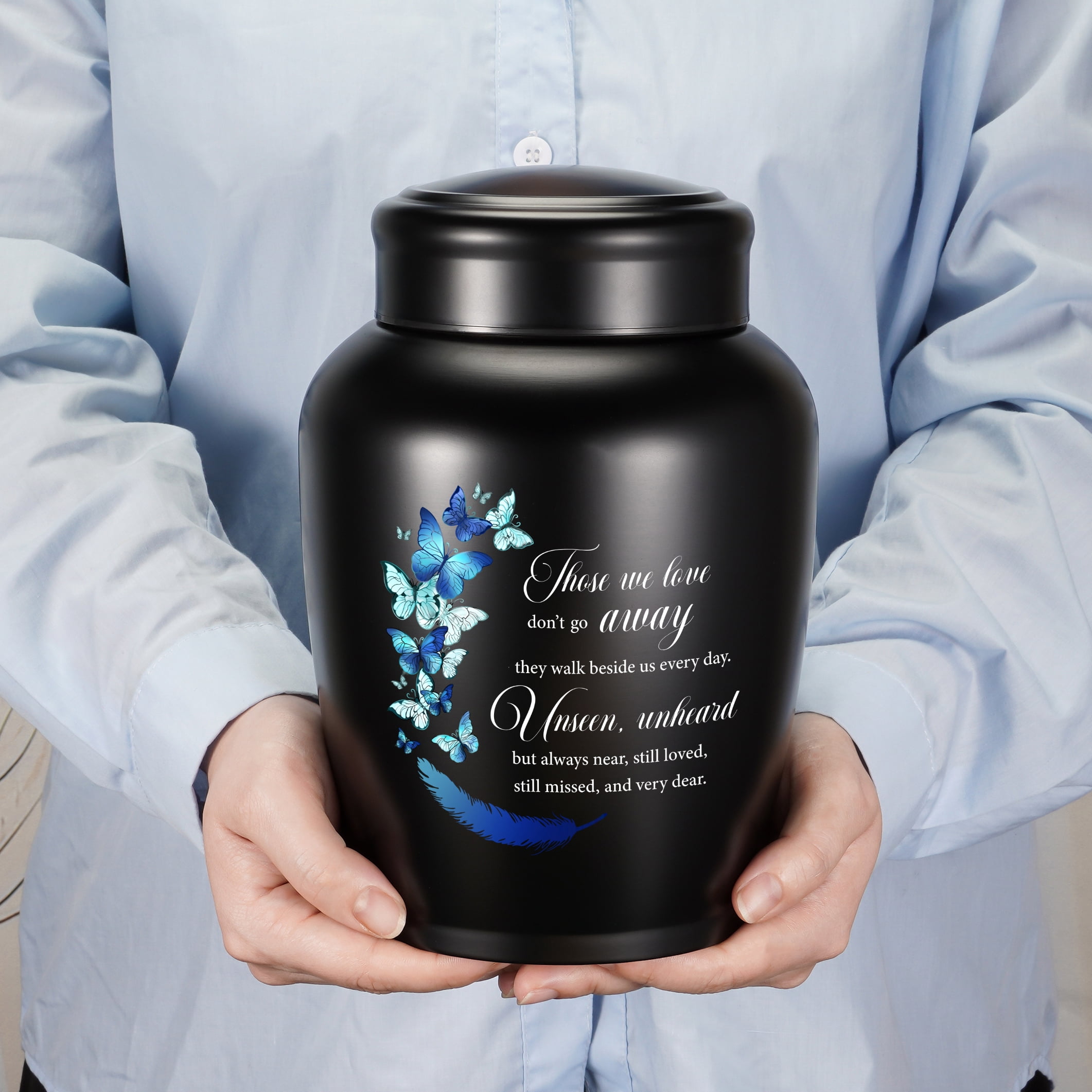 XIUDA Large Stainless Steel Urn for Human Ashes - 8.5 Inch Decorative Funeral Urn, Butterfly Cremation Keepsake for Men Women, Black Memorial Keepsake for Ashes