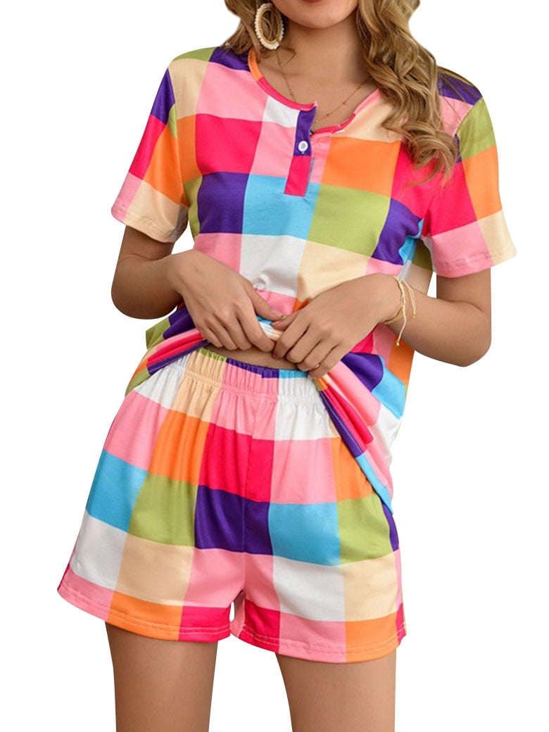 ZXSXSY Women Checkered Print Round Neck Buttons Tee Shorts Pajamas