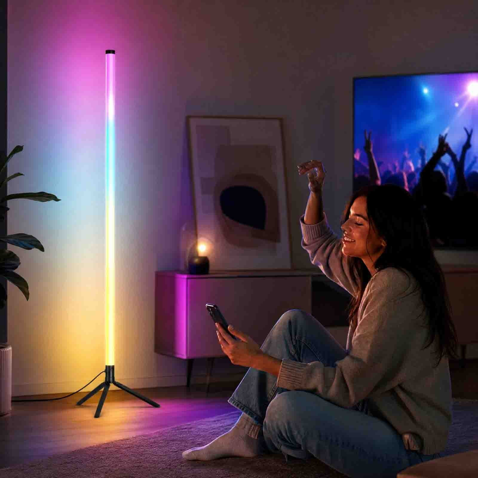 RGB Pixel Tube Floor Lamp 360 Degree Full Glow Music Sync Timing Setting Dual APP IR Remote Control Color Changing Corner Ambient Light for Bedroom Gaming Room Home Party Bar Decor