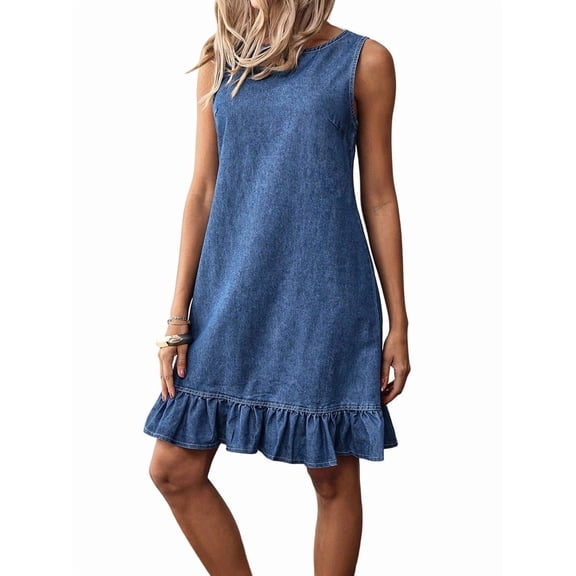 Women'S Summer Denim Dresses Crew Neck Sleeveless Tank Mini Dress Ruffled Beach Sundresses M