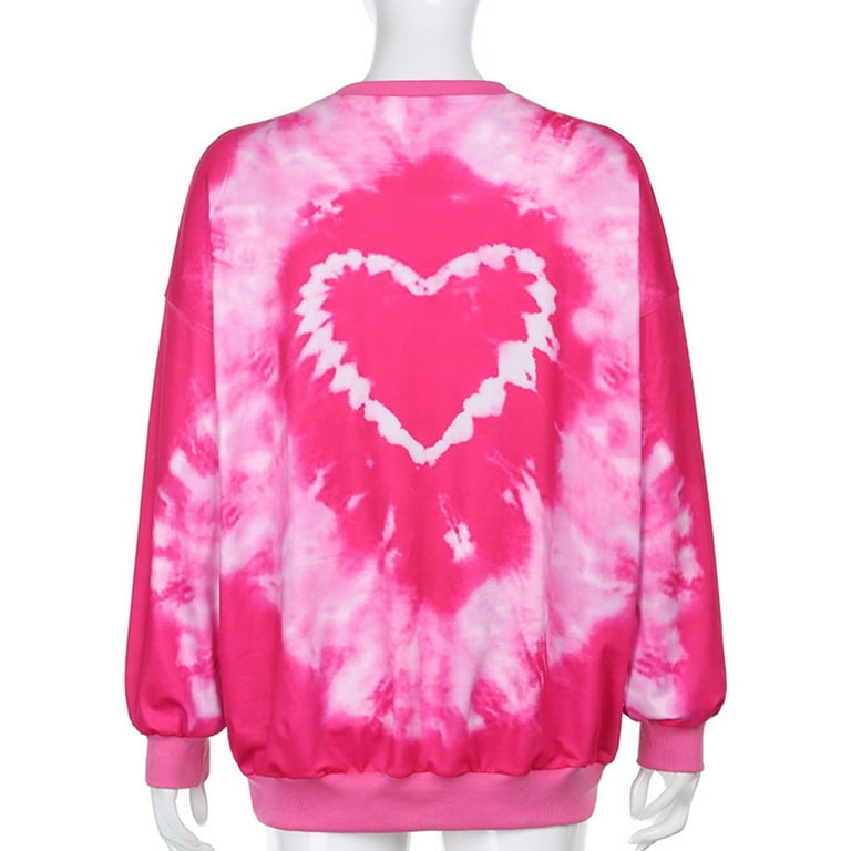 Women Long Sleeve O-Neck Sweatshirt Pink Heart Tie-Dye Printed Pullover  Tunic Tops Harajuku Oversized Loose Streetwear - Walmart.com