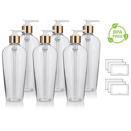 Oval Soap Dispenser - 8 oz Clear PET (BPA Free) Plastic Tapered Oval Refillable Bottle with Gold Lotion Pump (6 pack) + Labels