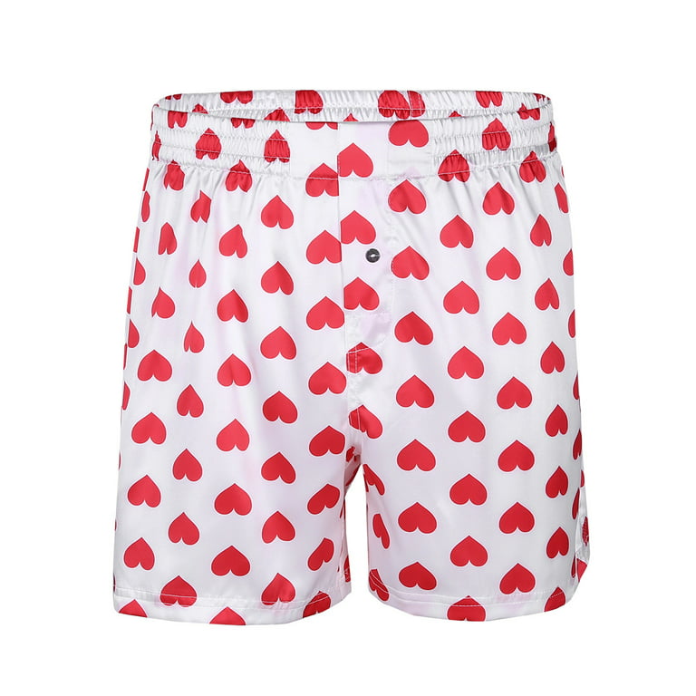 renvena Mens Love Heart Print Boxers Shorts Silky Satin Elastic Waist  Lounge Shorts Underwear Sleepwear