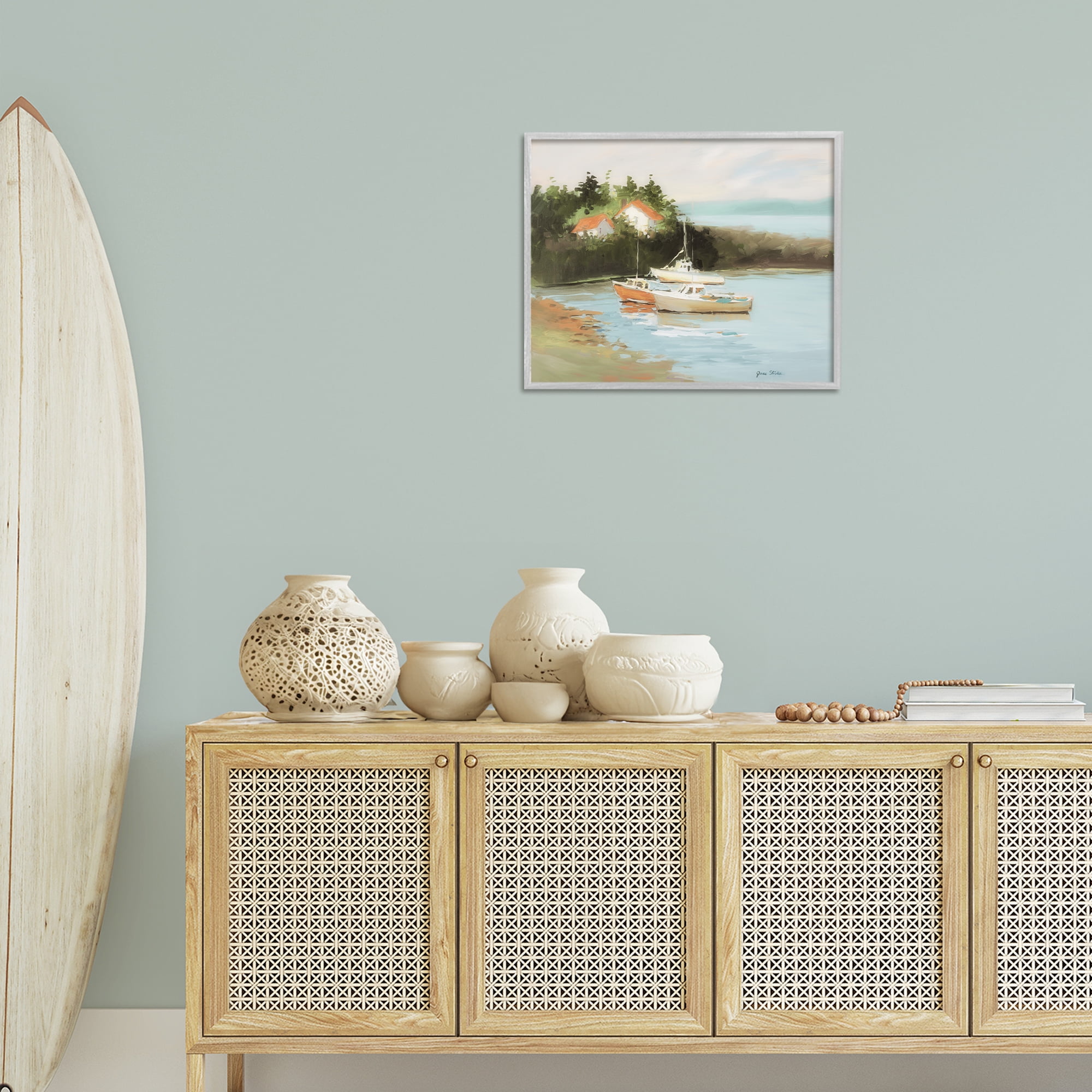 Stupell Industries Calm Boat Harbor Coastal Painting Gray Framed Art Print Wall Art, 20 x 16