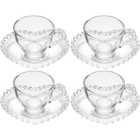 

DanceeMangoo Set of 4 Clear Glass Cup and Saucer Set 3 Oz Espresso Cup with Heart-Shaped Saucer