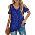 thumbnail image 3 of Mittory Sparkly Sequin Top V Neck Cold Shoulder Glitter Short Sleeve Dressy Party Blouse Shirts, 3 of 8