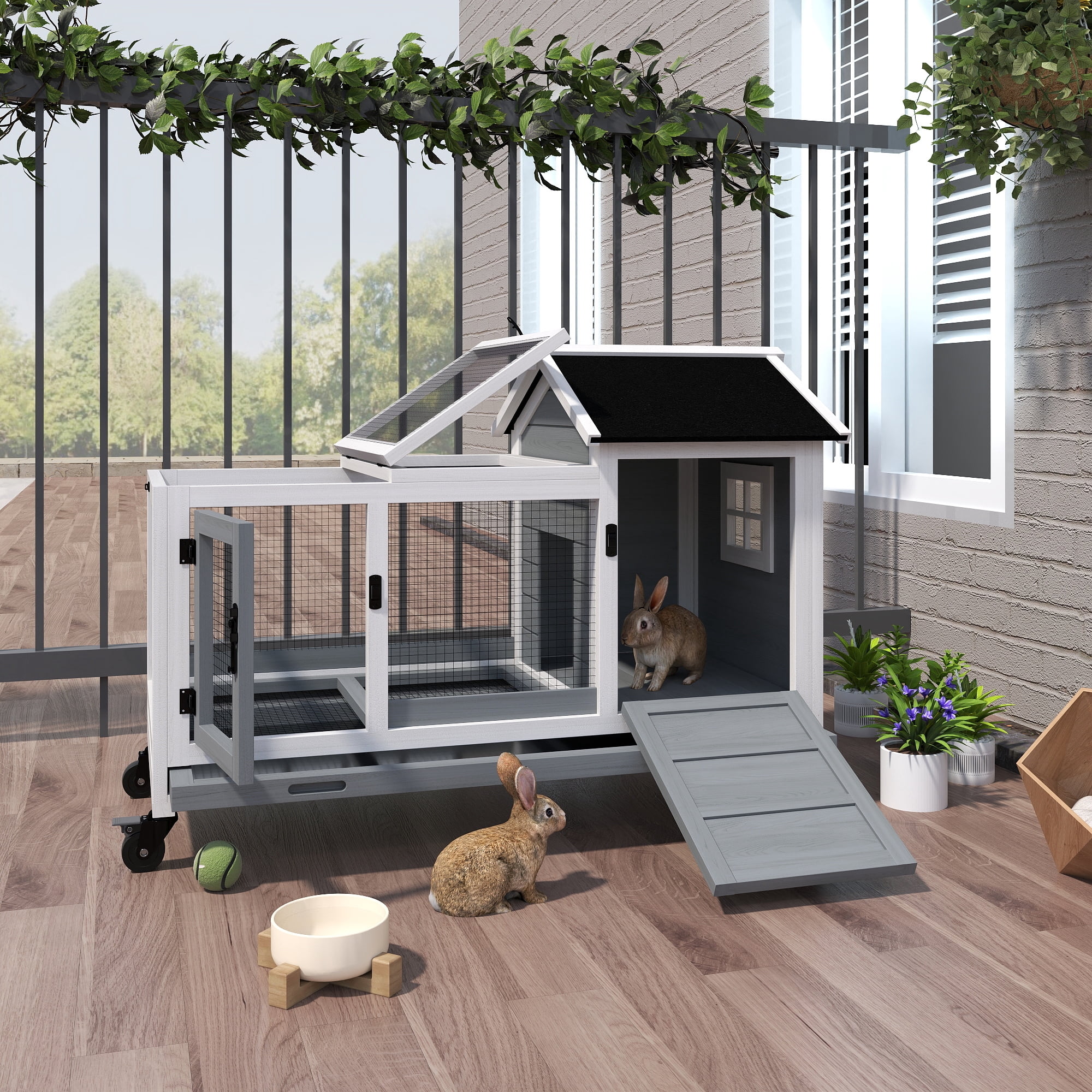 Wooden Rabbit Hutch with Wheels, Run, Slide-out Tray for Small Animals, Guinea Pig, Blue, 42.5" x 22.8" x 28.9"