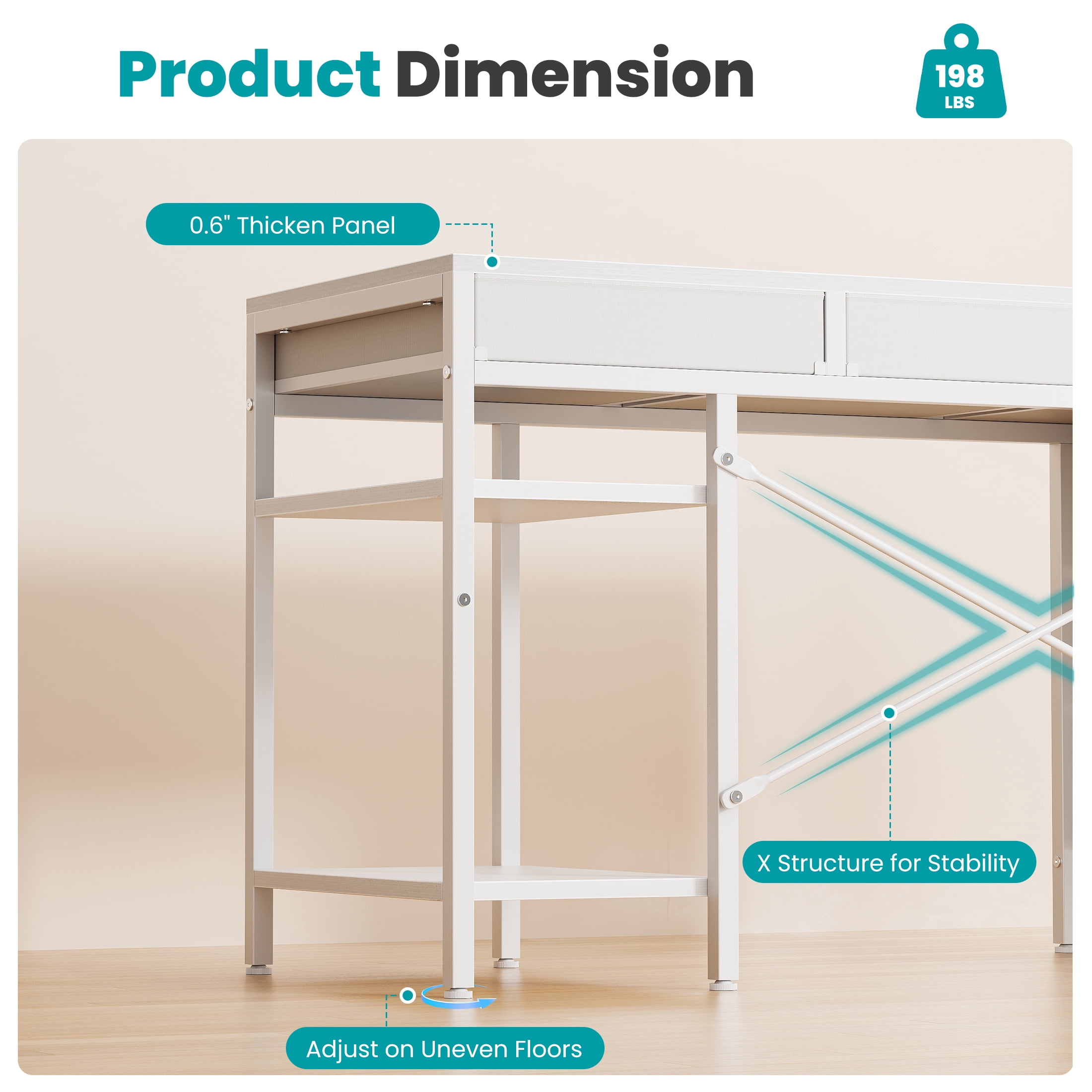EDX 55 Inch Computer Desk with Fabric Drawers & Storage Shelves,Small Home Office Desk Study Table for Home office Bedroom,White