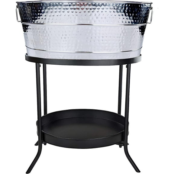 BREKX Aspen Hammered Stainless-Steel Beverage Tub, Ice and Drink Bucket with Metal Stand, 25-Quart for Parties