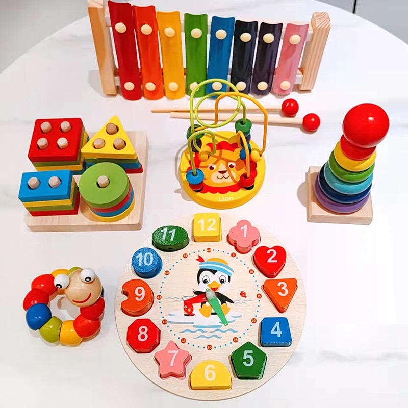 9-Piece Wooden Montessori-Inspired Learning Toy Set for Ages 3+, Musical Instruments, Shape Sorter, Stacking Rings, Bead Maze & Clock, Preschool Educational Activity Gift