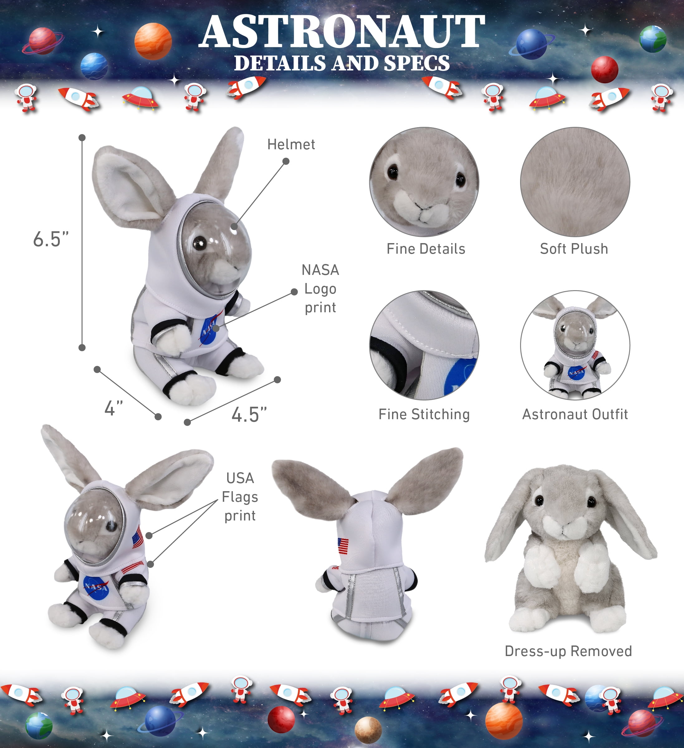 DolliBu Sitting Gray Rabbit Astronaut Plush Toy - Super Soft Farm Life Astronaut Stuffed Animal with Space Helmet and NASA Astronaut Suit, Spaceman Doll Decor for Girls and Boys - 6.5 Inch