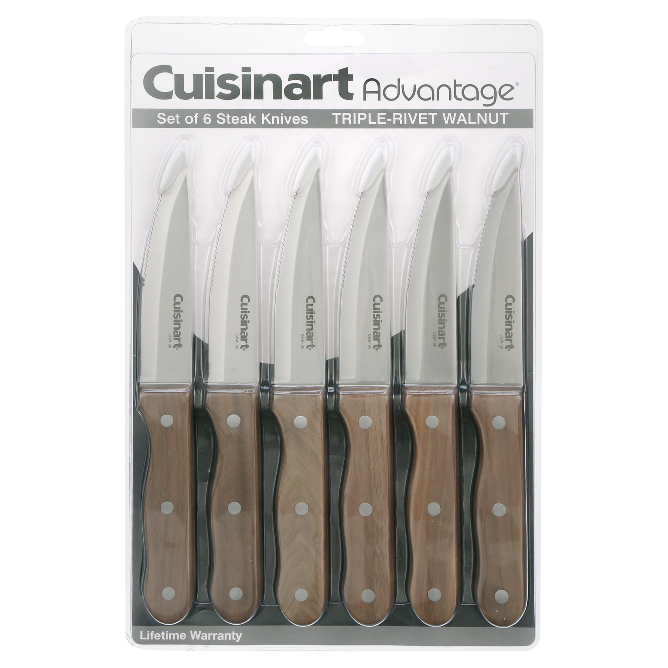 Cuisinart 6 Piece Triple Rivet Walnut Steak Knife Set, Wood