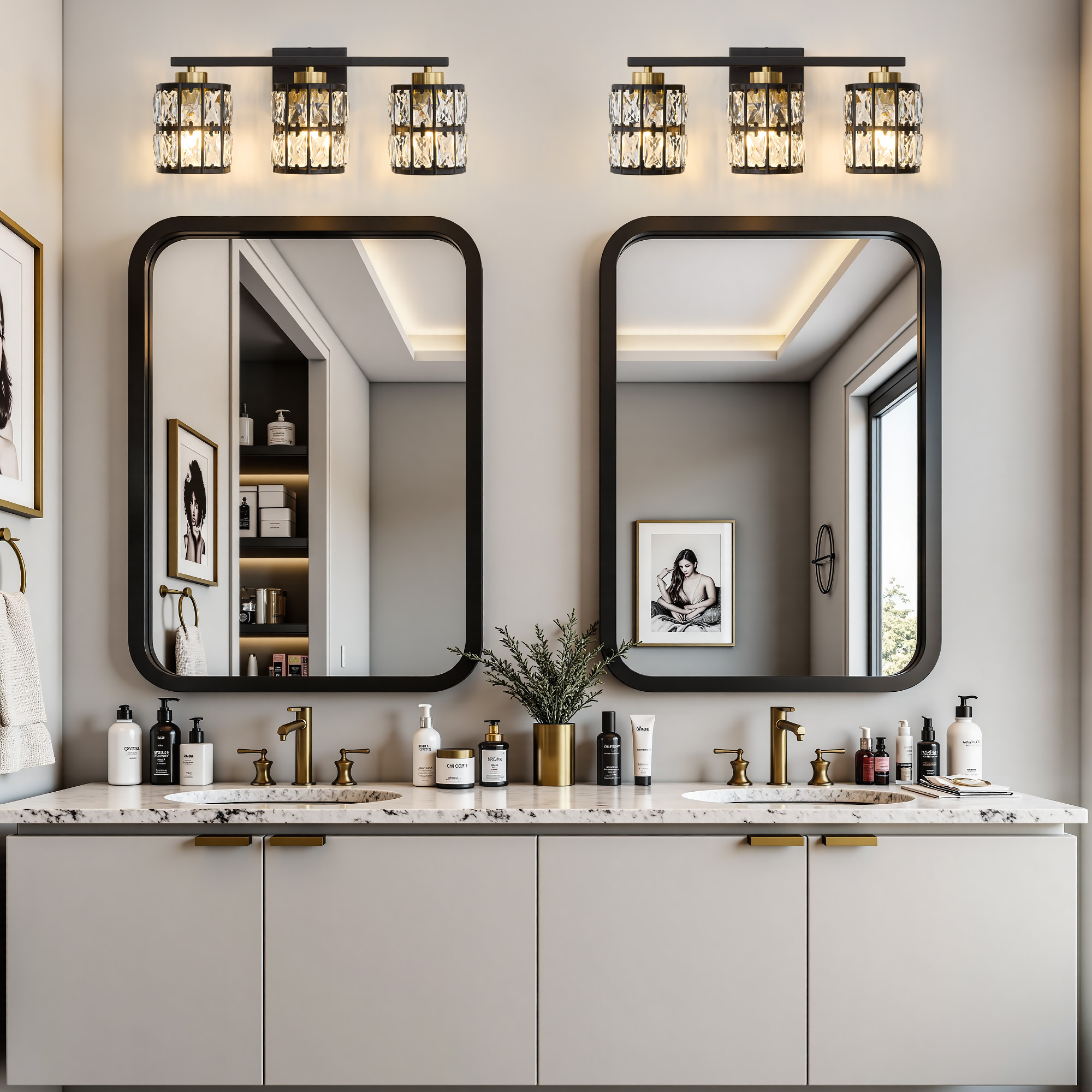 Deyidn 3-Light Black&Gold Bathroom Vanity Light, 18.9" Dimmable Modern Wall Mirror Light Fixture with Cylinder Crystal Shades for Bathroom, Powder Room
