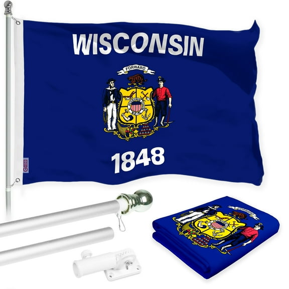 G128 Combo Pack: 6 Ft Tangle Free Aluminum Spinning Flagpole (Silver) & Wisconsin WI State Flag 3x5 Ft, LiteWeave Pro Series Printed 300D Polyester | Pole with Flag Included