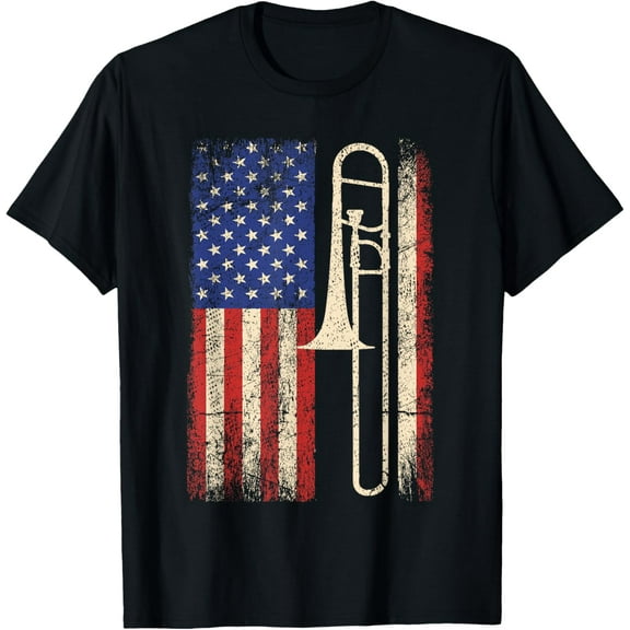 t-shirt Trombone USA American Flag Shirt Jazz Music Vintage Men Tee T-Shirt mens，black，women，funny，journey，Crew Neck, Short Sleeve,printing