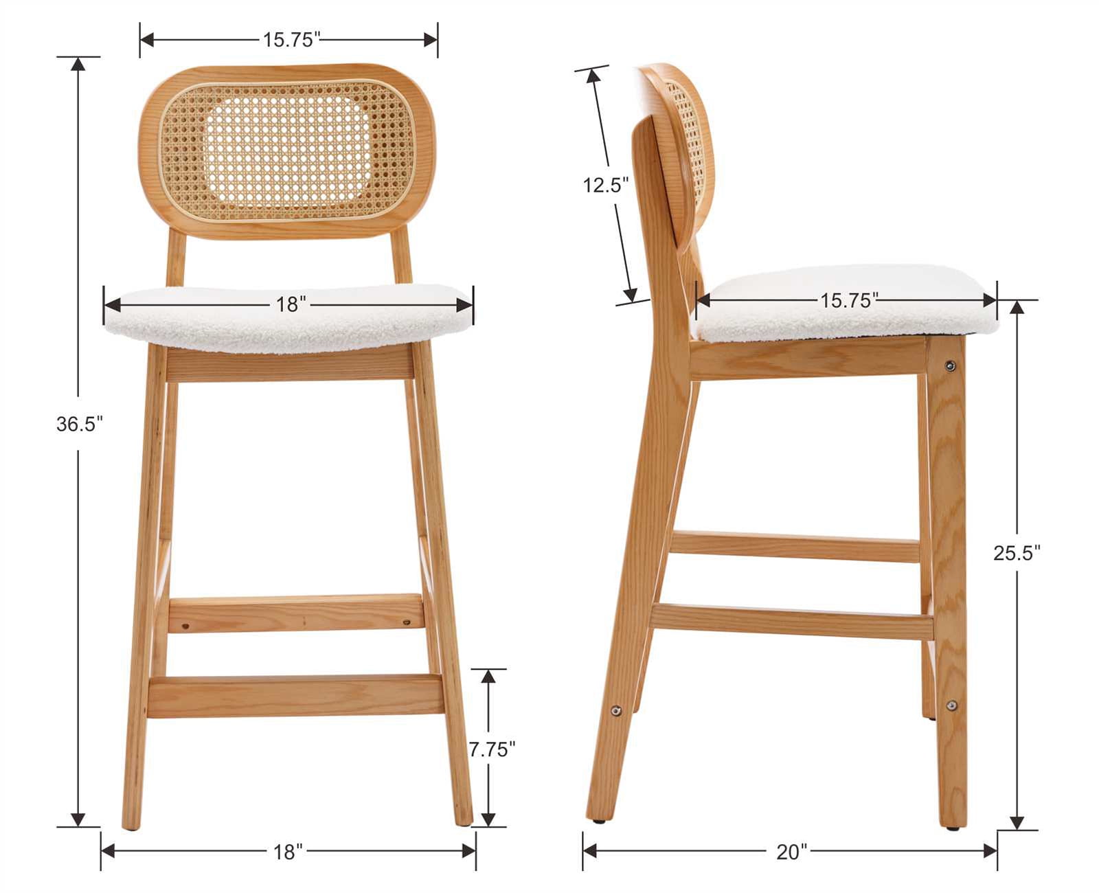 Dayalane Rattan Counter Height Bar Stools Set of 2, 26" Mid Century Modern Wood Farmhouse Barstools with Footrest, Sherpa Upholstered Kitchen Island Chairs for Pub Restaurant, White