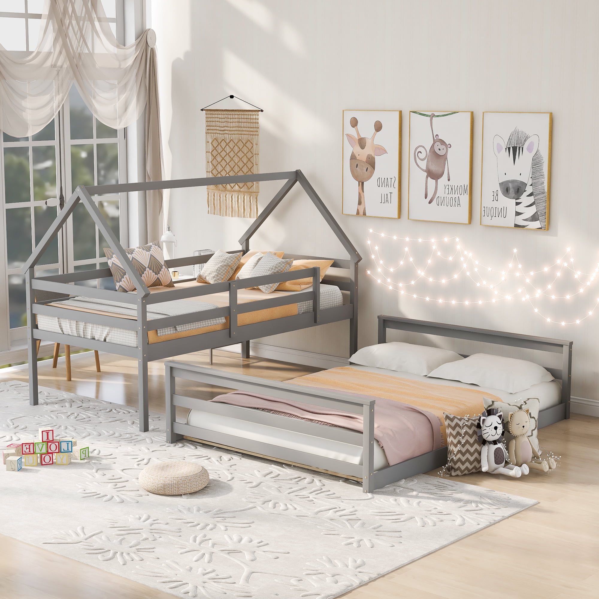Aukfa Twin over Full Bunk Bed, Solid Wood House Bunk Bed for Kids - Gray