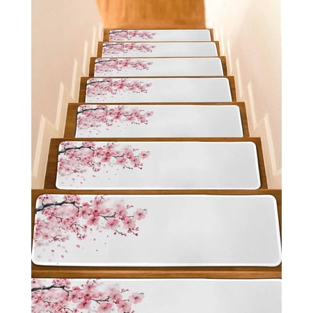 Pink Floral Cherry Flower Stair Treads for Wooden Steps Indoor Runner Rug Carpet Abstract Botanical Branch 10 Pieces Peel and Stick Staircase Step Treads Covers Washable Throw Door Mats 30 x8