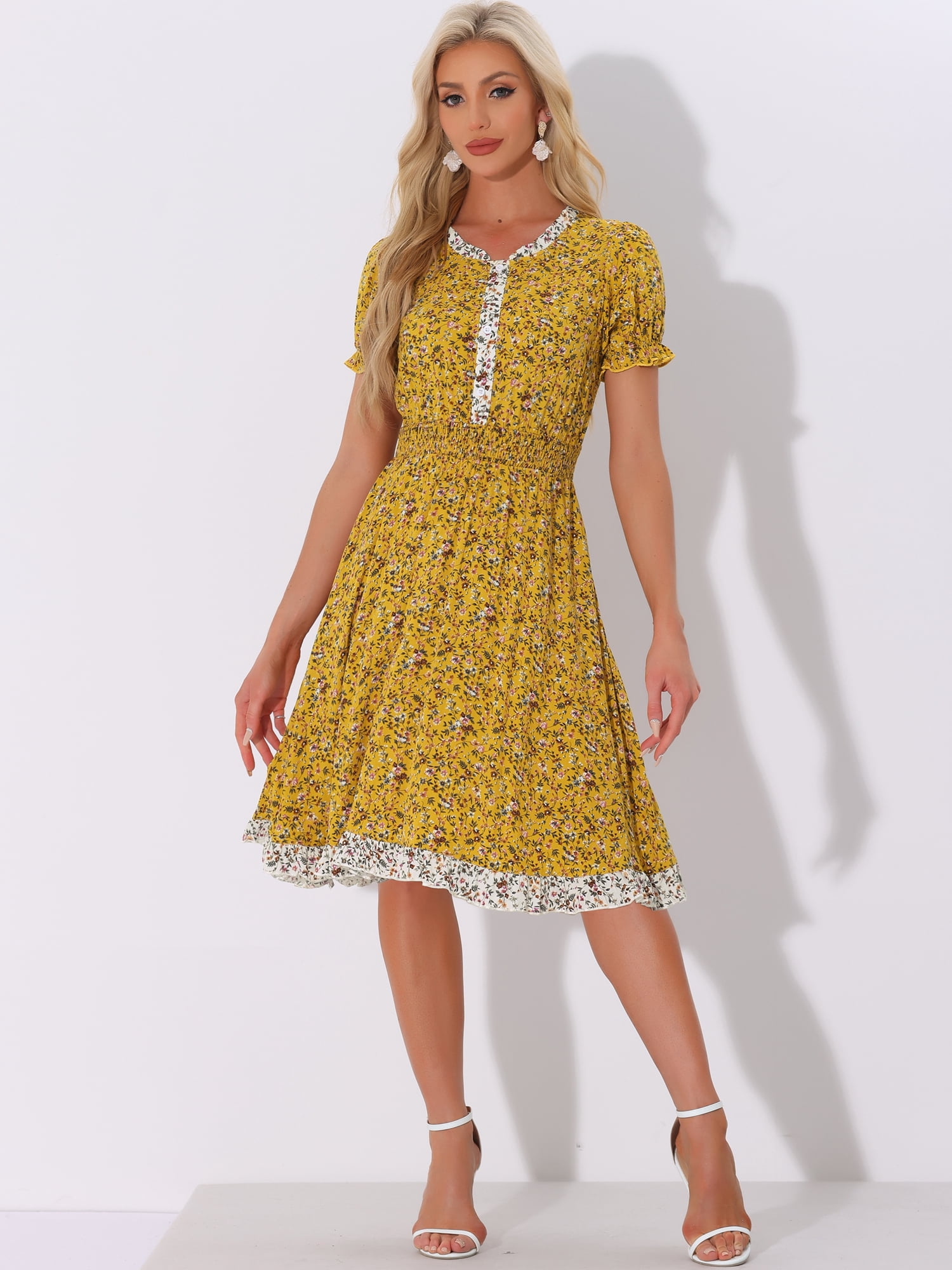 DARING DIVA Floral Ruffle Neck Smocked Waist Dress S Yellow
