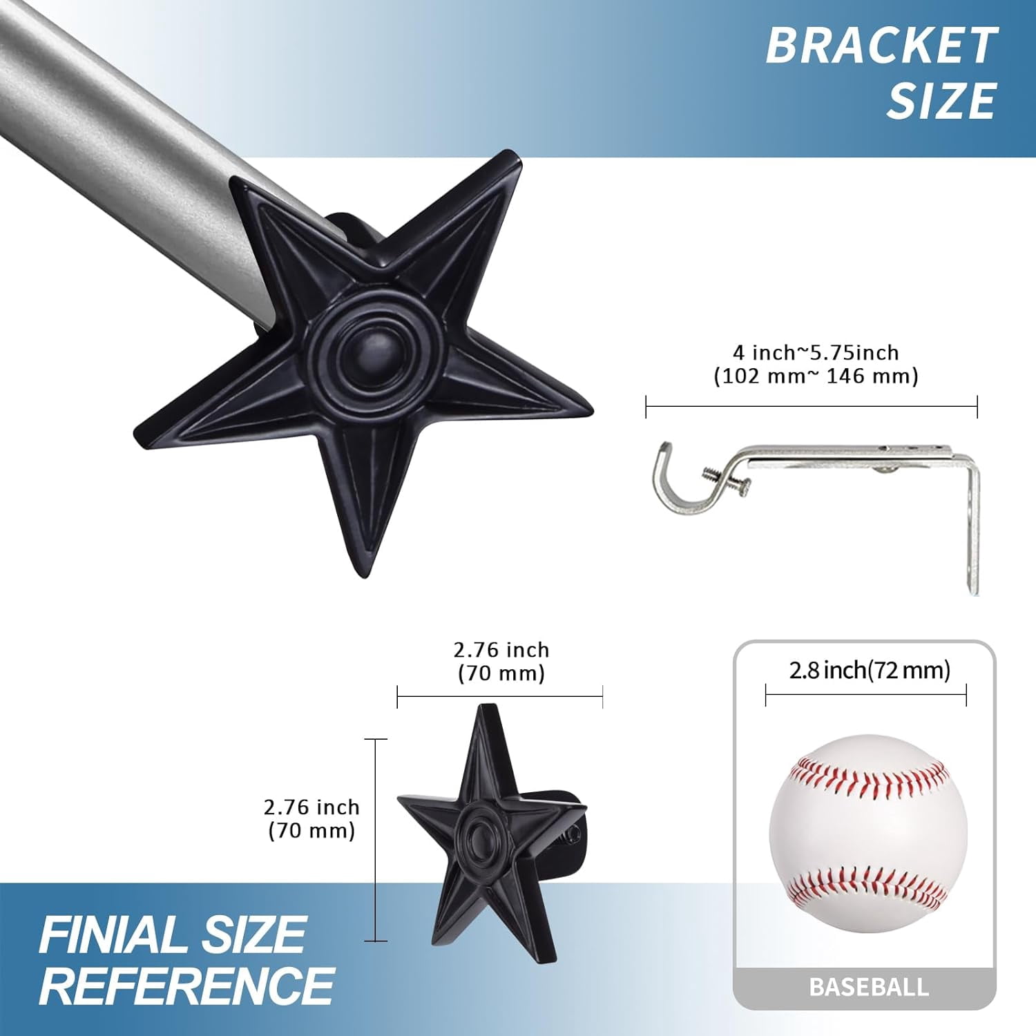 Urbanest Adjustable Single Curtain Rod Set With Blue Star Finials – 3/4-Inch Diameter, With Pewter Rod, 28–48 Inches