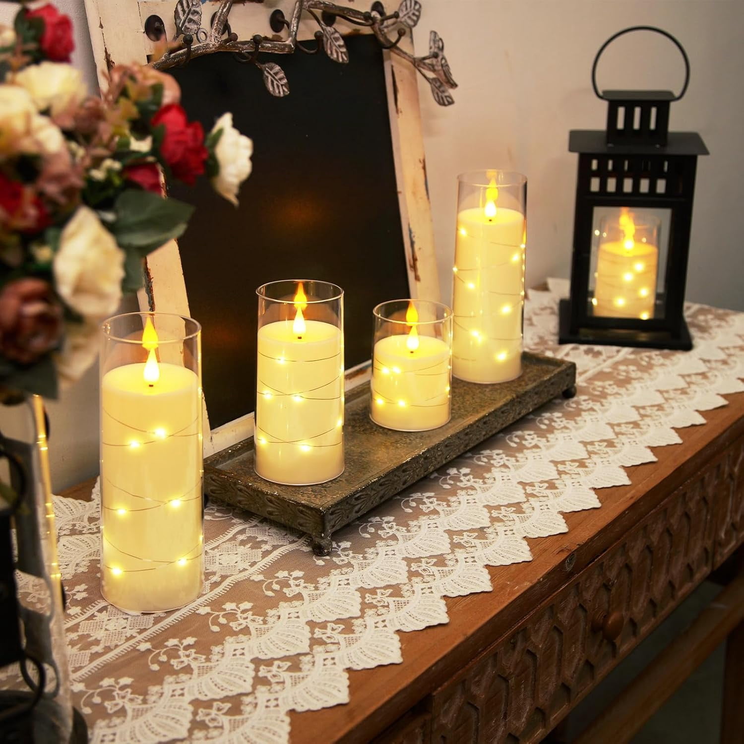 Homemory Pure White Flameless Candles with Embedded Star String Fairy Lights, Battery Operated Candles, LED Candles, Fake Candles with Remote Control and Timer, Set of 5(H4 5" 6" 8" 8")