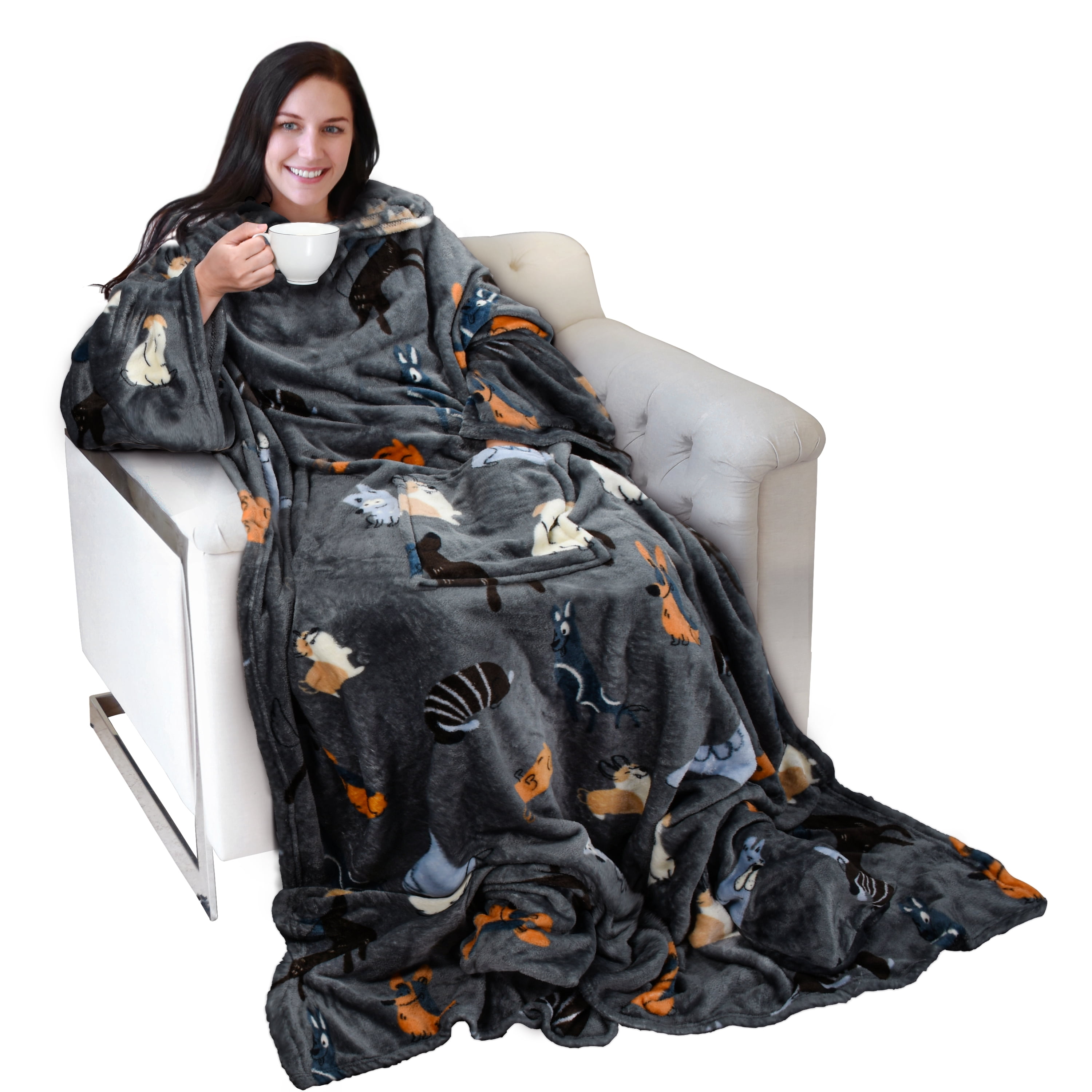 Catalonia Wearable TV Blanket with Sleeves Arms & Feet pockets for Adult Micro Plush Fleece Large Wrap Throw Robe
