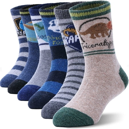 

ANTSANG Kids Wool Hiking Socks Toddlers Boys Girls Warm Thick Thermal Crew Boot Heavy Cozy Snow Cabin Winter Gift Snowboarding Socks 6 Pairs(Dinosaur 4-7 Y)