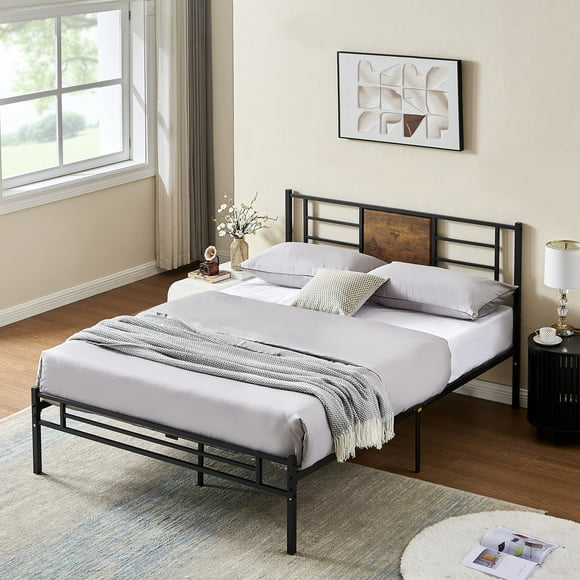 VECELO Full Size Metal Bed Frame with Wooden Headboard, Industrial Platform Bed Frame, Metal Slat Support, No Box Spring Needed, Black