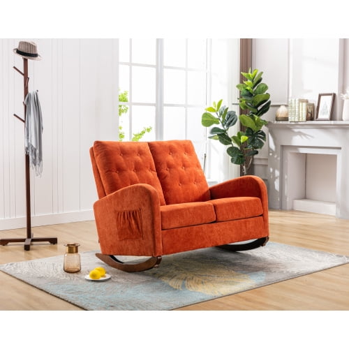 Upholstered Rocking Sofa,High Back Rocking Sofa with Side Pocket Storage and Solid Wood Base