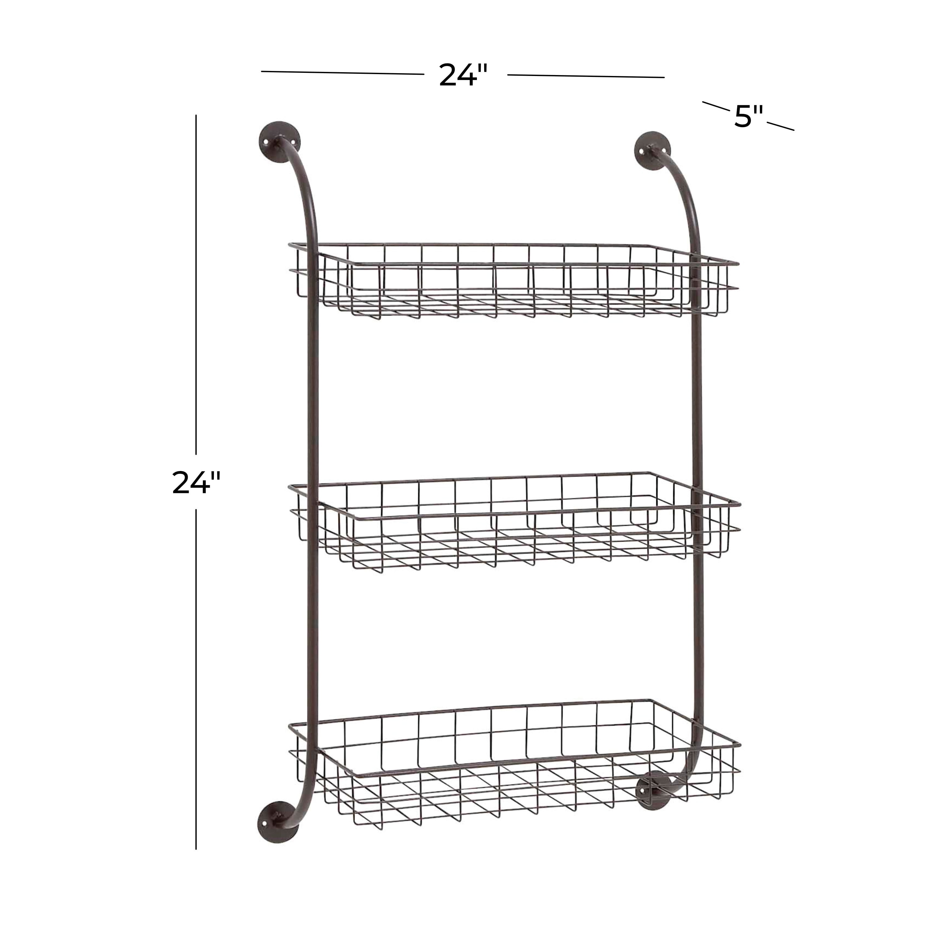DecMode Black Metal 3 Shelves Room Wall Shelf with Suspended Baskets, 21" x 10" x 34"