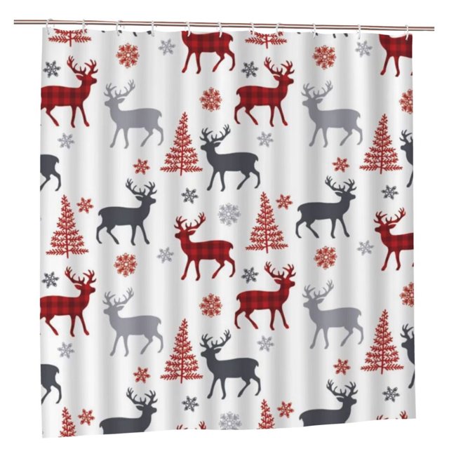 Christmas Deer Shower Curtain Red Plaid Deer Xmas Tree Reindeer Snow