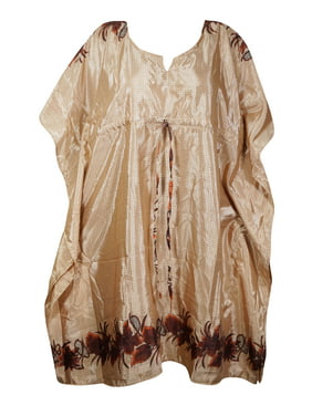 Mogul Women Peach Caftan Tunic Dress Recycled Silk Sari Printed Resort Wear Beach Cover Up Housedress Holiday Kaftan One Size